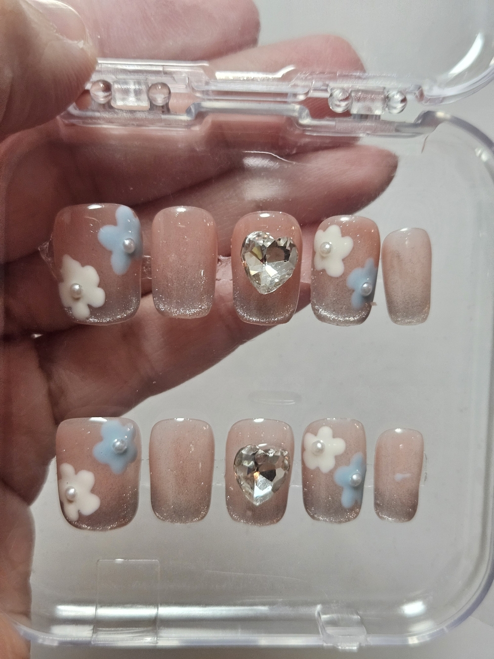Unbranded Pink Floral Press-On Nail Set with Heart Gem